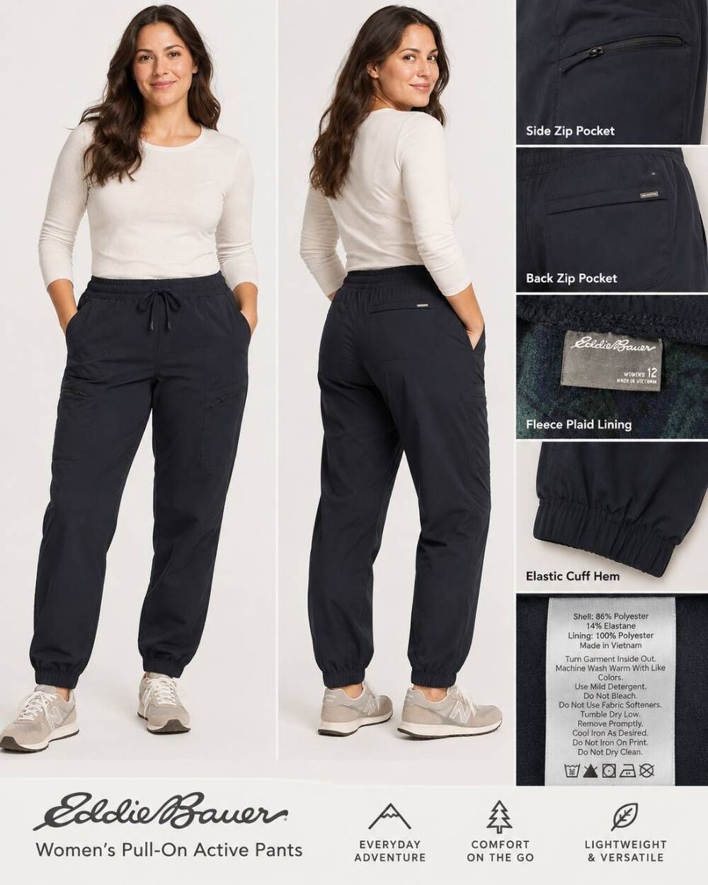 Eddie Bauer Women’s 12 Fleece Lined Jogger Pants Navy 34x30 Zip Pockets
